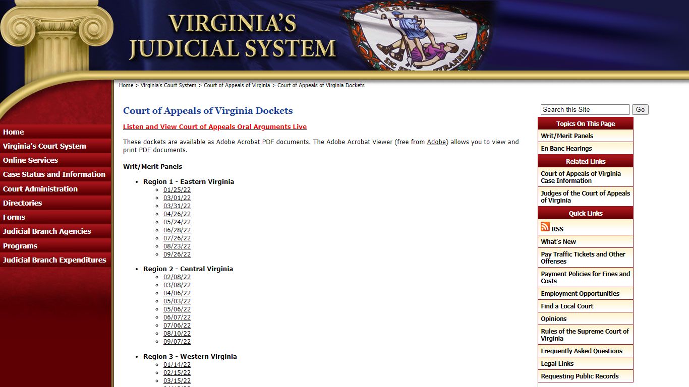 Court of Appeals of Virginia Dockets - Judiciary of Virginia